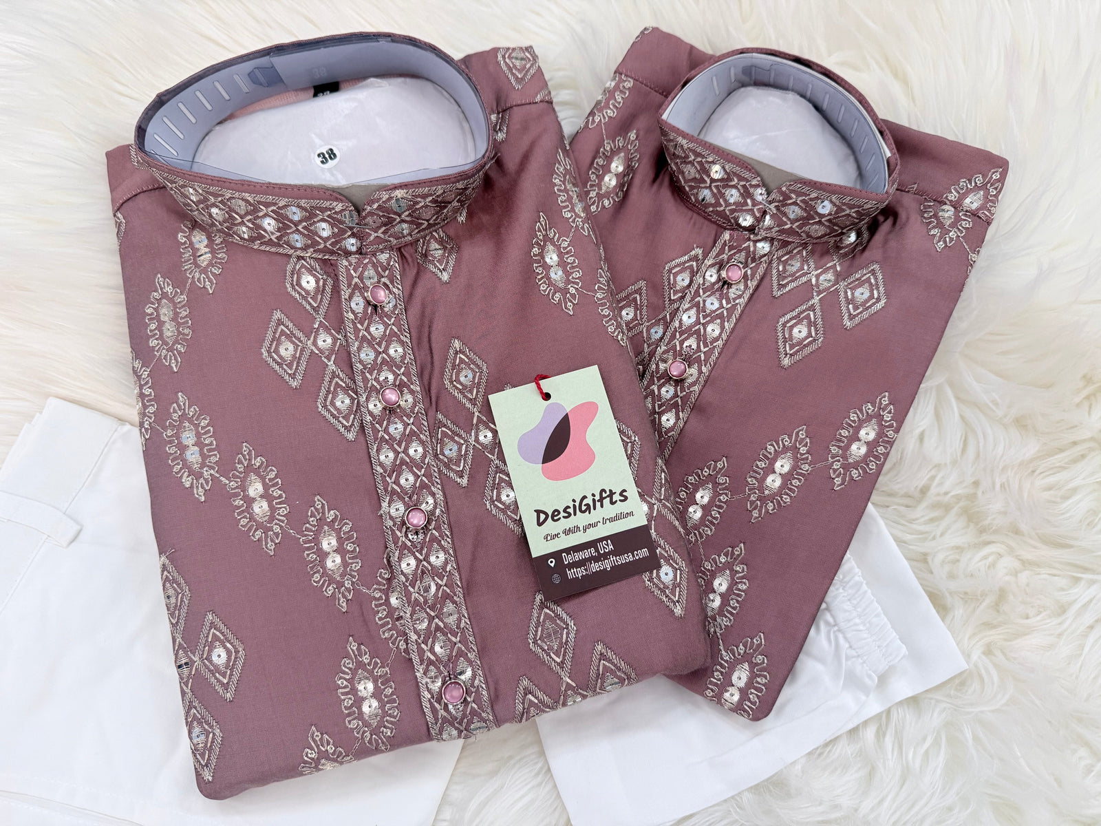 Father & Son Matching Dusty Rose Kurta Pajama Set | Silver Zari-Style Embroidery, Sequin Work | Festive Wear, DM -4039