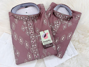 Father & Son Matching Dusty Rose Kurta Pajama Set | Silver Zari-Style Embroidery, Sequin Work | Festive Wear, DM -4039