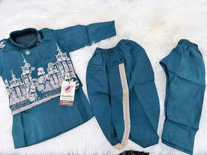 Boys Peacock Blue Kurta Pajama Set with Floral Embroidery Jacket | Dhoti and Pajama | Indian Wedding Festive Ethnic Wear for Kids, B-4059