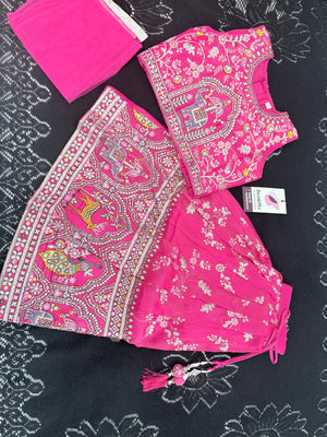 Girls Rani Pink Zari Embroidered Lehenga Choli Set with Dupatta, Traditional Indian Ethnic Wear for Kids, Wedding & Festival Outfit, GRL-2097