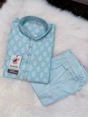 Men’s Sky Blue Jacquard Silk Kurta Pajama Set, Woven Buti Kurta with Trouser Pants, Indian Festive Wedding Wear – MAN 2029
