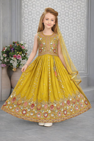 Girls Mustard  Yellow Zari Embroidered Lehenga Choli Set with Dupatta, Traditional Indian Ethnic Wear for Kids, Wedding & Festival Outfit, GRL-3070