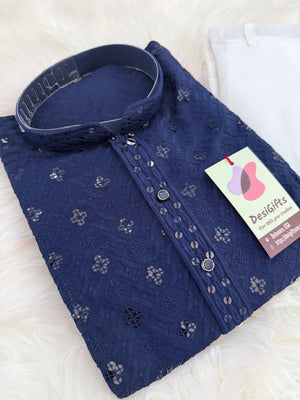 Men’s Blue Rayon Kurta Pajama Set with Chikankari Embroidery and Sequin Accents, Indian Kurta set, KP - 1980