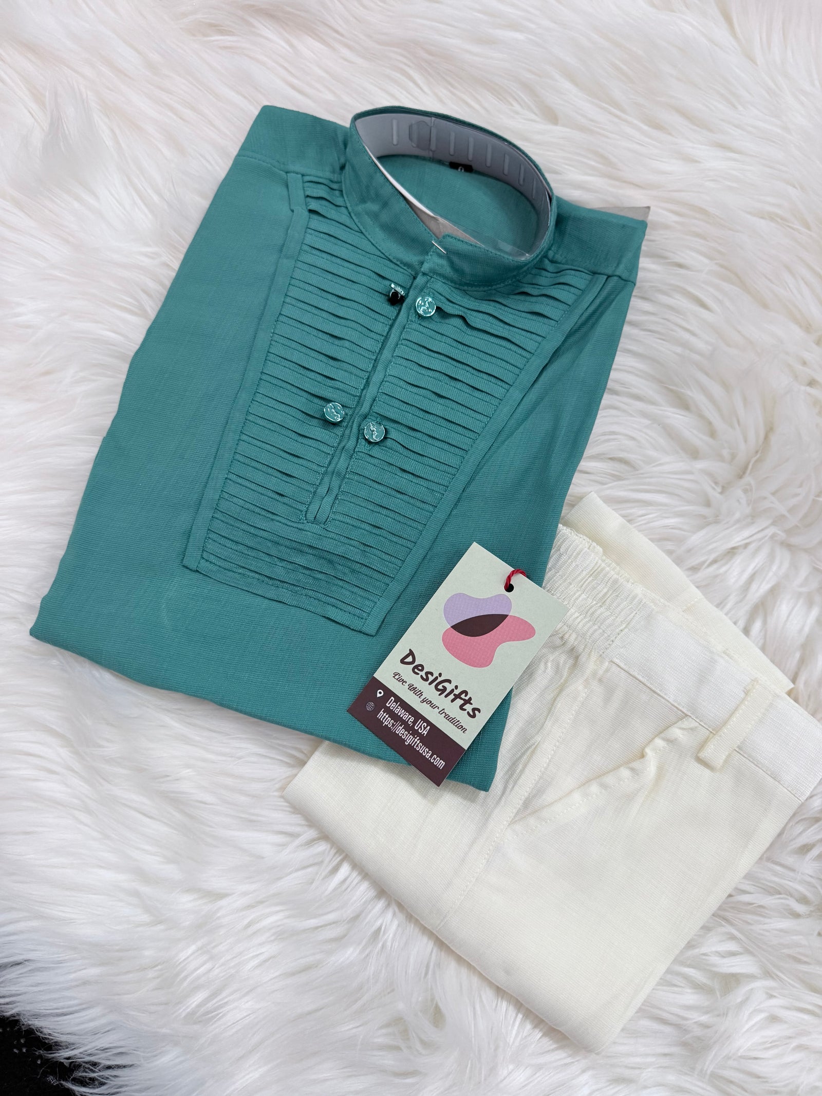 Boys Teal Green Kurta Pajama Set | Traditional Indian Ethnic Outfit | Ivory Pants | Wedding, Eid & Festive Wear, B-4037