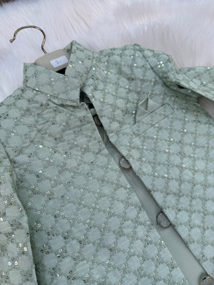 Boy's Green Shade Cotton Silk 3 Piece Indo Western Outfit,  Embroidered  Sequins Long Jacket with Pant , Boy's Sherwani Dress - B-2075