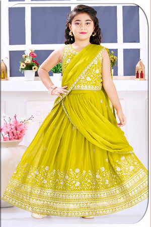 Lemon Yellow Shade Lehnga Choli in Sari Style, Half Sari, , Indian traditional festive outfit for Princess, Girl Design GRL - 1956