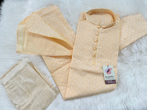Men’s Light Butter Yellow Banarasi Silk Blend Kurta Pajama Set White Woven Buti, Kurta with Trouser Pants, Indian Festive Wedding Wear – KP- 3075