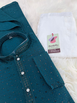 Teal Shade Chikankari Embroidery with Sequins 2 Piece Viscose Rayon Kurta Pajama Set, Indian Partywear Kurta SetKP-1979