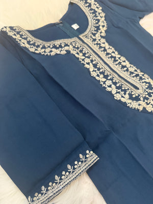 Elegant 3 Piece Peacock Blue Shade Kurti Set with Exquisitely Zari Work, Girl's Dress, Design G-1893