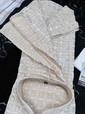 Men's Kurta Pajama set with Embroidery and Sequins in Light Yellowish Shade. Two-piece Indian traditional outfit., KP - 1425