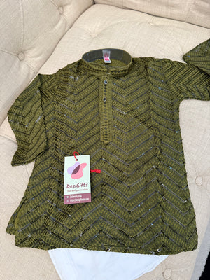Henna Green Embroidered Boy Kurta Pajama with Sequins Work - BOY-1775