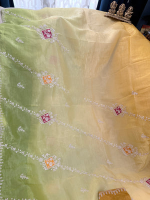 Soft Silk Blend Saree with Floral Embroidery, Ombre Effect | Stitched Blouse Included | Fall & Pico Done | Wedding, Festive & Party Wear, S- 3082