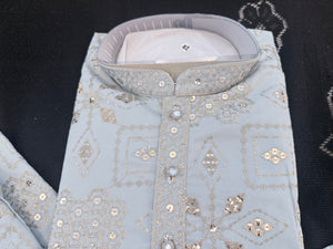 Men’s Ice Blue Embroidered Kurta Pajama Set | Silver Zari-Style, Sequin Work | Indian Wedding Wear, KP-4026