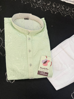 Light Green Jacquard Silk Kurta Pajama Set with Off-White Pant for Men – Self Design Ethnic Kurta, KPS-3027