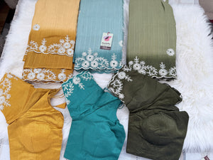 Soft Silk Blend Saree with White Floral Embroidery, Elegant Indian Wedding & Festive Saree with Stitched Blouse | Fall & Pico Done | Wedding, Festive & Party Wear, S- 3092