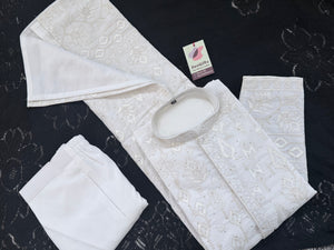 Men’s White Embroidered Kurta Pajama Set with Sequin Accents | Chikankari-Style Wedding & Festive Indian Outfit, KP- 3058