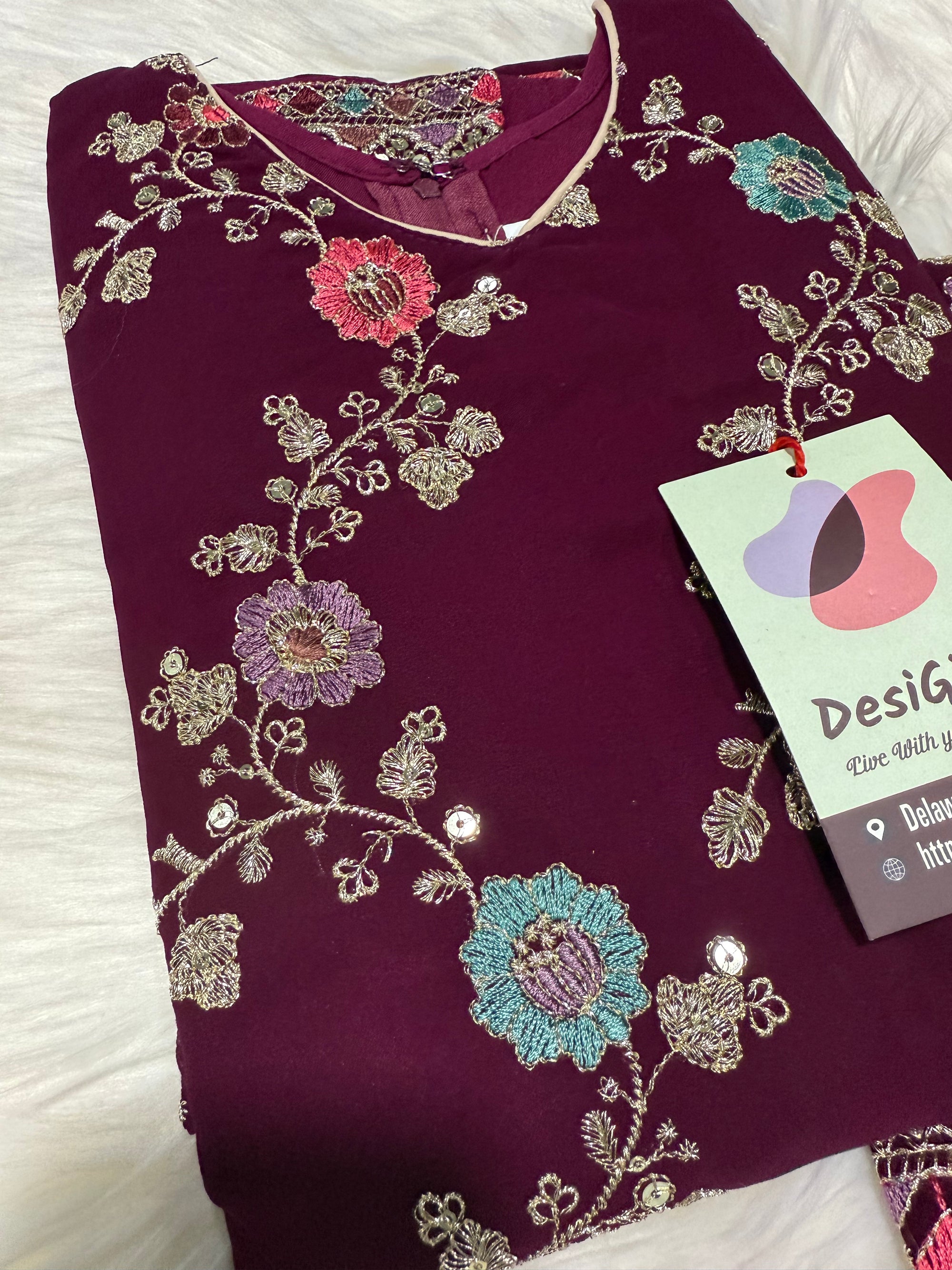 Girls’ Indian Ethnic Palazzo Suit – Dark Wine Shade with Heavy Embroidery & Sequins, GRL -1947