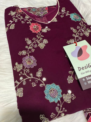 Girls’ Indian Ethnic Palazzo Suit – Dark Wine Shade with Heavy Embroidery & Sequins, GRL -1947