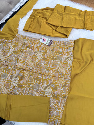 Festive Men’s 3-Piece Mustard Yellow Shade Kurta Pajama with Embroidered Sequins Jacket, Silk Ethnic Wear for Wedding & Festive, KPJ-4053