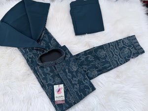 Men’s Deep Teal Blue with Silver Embroidered Kurta Pajama Set with Sequin Accents | Chikankari-Style Wedding & Festive Indian Outfit, KP- 3060