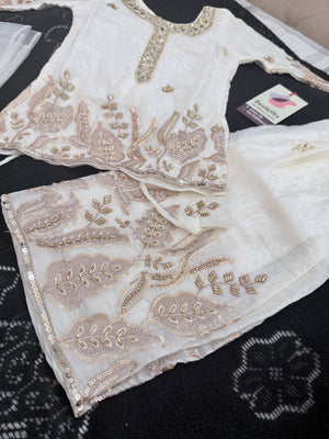 Girls’ Ivory White with Gold Embroidery Kurta Palazzo Set with Sequins Work – Festive Ethnic Wear, GRL-2099