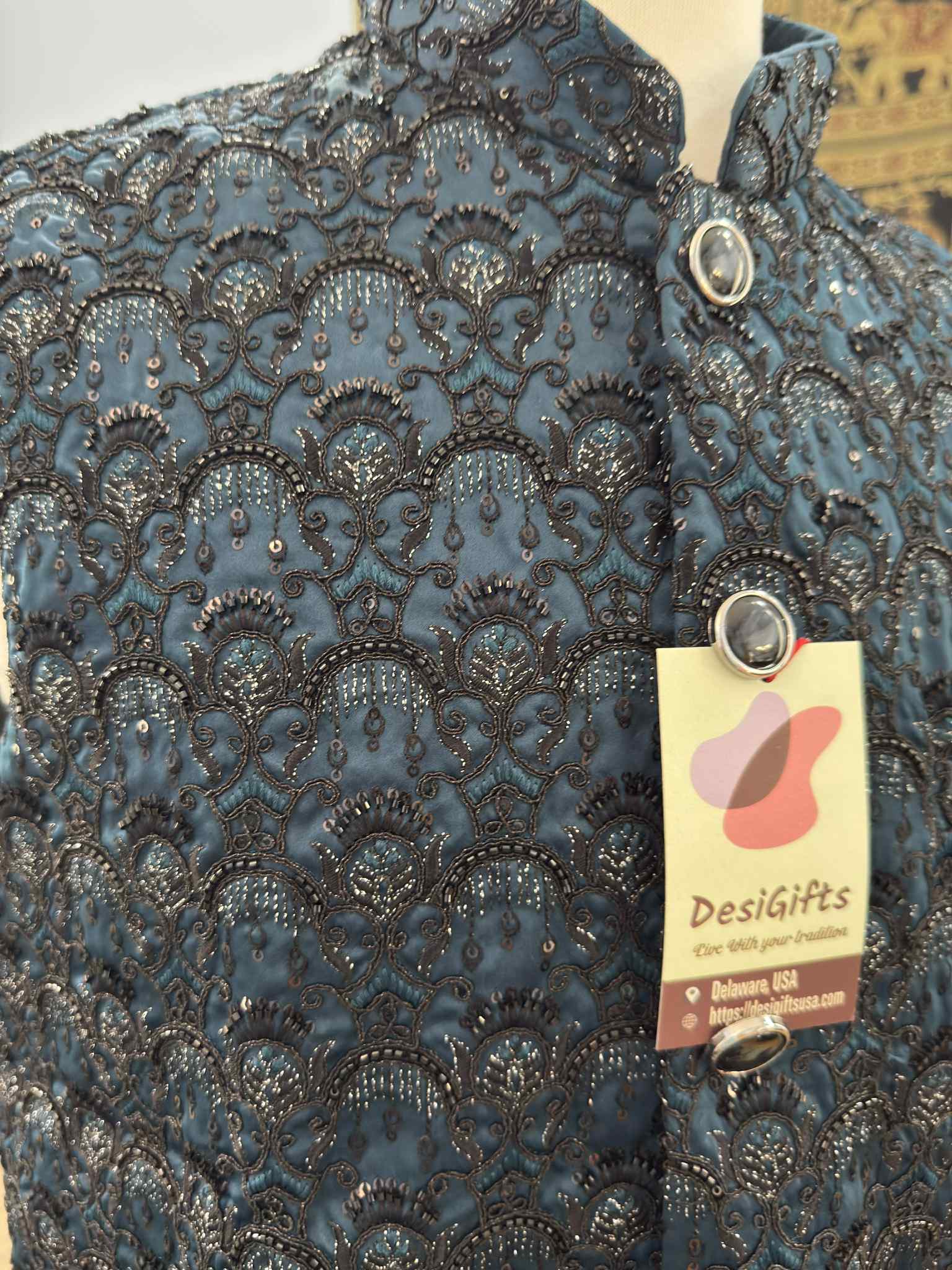 Classic Blue Shade Jacket for Men, Intricately Embroidered Indian Waistcoat, Sadri with Sequins, Wedding Jacket, J - 1928