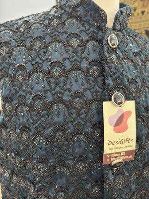 Classic Blue Shade Jacket for Men, Intricately Embroidered Indian Waistcoat, Sadri with Sequins, Wedding Jacket, J - 1928