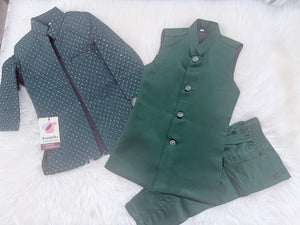 Boy's Pine Green Shade Cotton Silk 3 Piece Indo Western Outfit,  Embroidered  Sequins Long Jacket with Pant , Boy's Sherwani Dress - B-3051