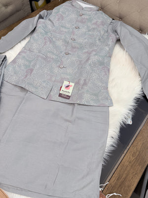 Luxury Everlasting Gray Silk 3-Piece Kurta Pajama with Stylish Jacket, Men’s Festive & Wedding Wear Set, KPJ-2032