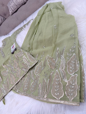 Girls’ Sage Green Kurta Palazzo Set with Sequins Work – Festive Ethnic Wear, GRL-2098