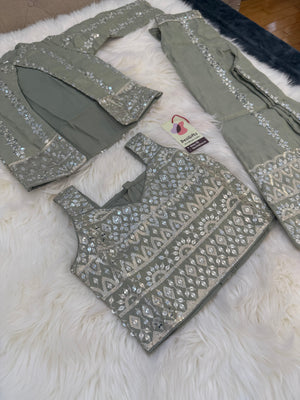 Classy Sequins Work Top with Jacket, Pant Style Set for Girl in Pista Green Shade, Indian traditional Girl Dress, GRL - 1894