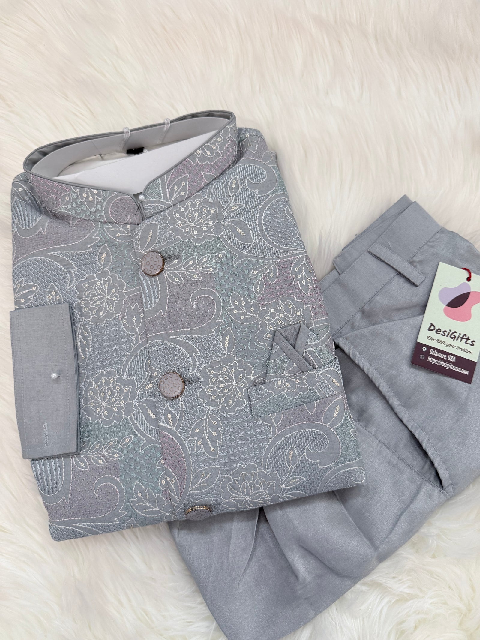 Luxury Everlasting Gray Silk 3-Piece Kurta Pajama with Stylish Jacket, Men’s Festive & Wedding Wear Set, KPJ-2032