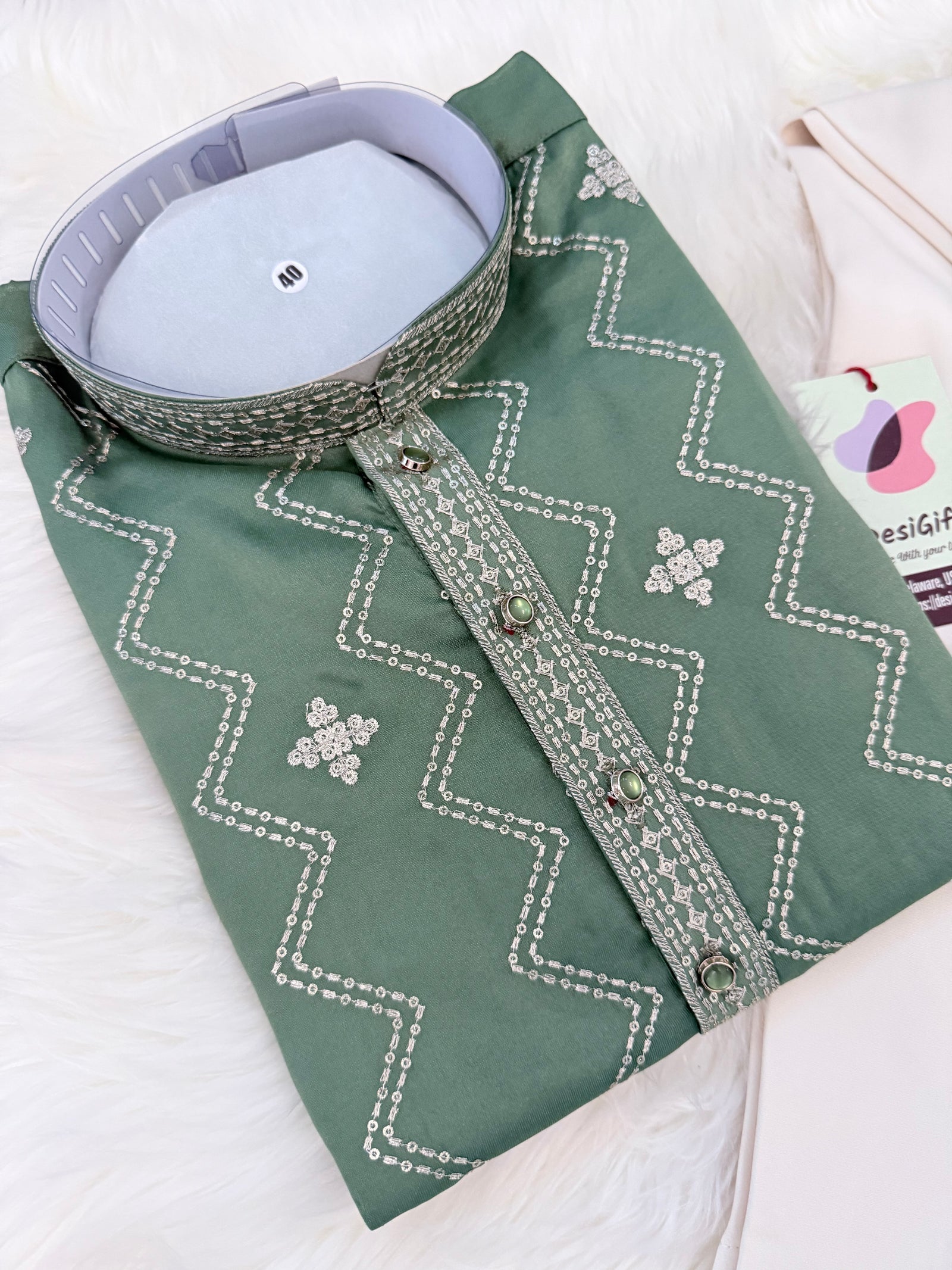 Men’s Sage Green Embroidered Kurta Pajama Set – Shorter Kurta with Ivory slight bootcut-style Pants, Indian Wedding & Festive Ethnic Wear, KP - 4004