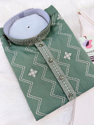 Men’s Sage Green Embroidered Kurta Pajama Set – Shorter Kurta with Ivory slight bootcut-style Pants, Indian Wedding & Festive Ethnic Wear, KP - 4004