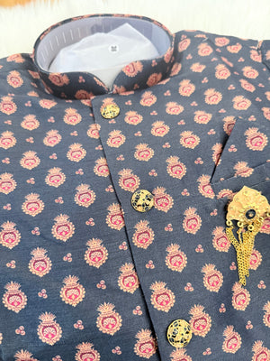 Men's Navy Kurta Pajama with Jacket | Designer Motif Ethnic Wear for Indian Weddings &amp; Festivals | Premium Silk 3-Piece Outfit | KPJ-2053