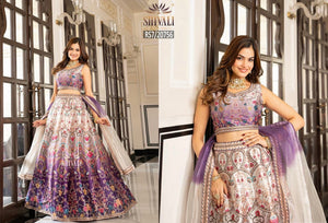 Women’s Purple to Cream Ombré Lehenga Choli Set – Digital Floral Print, Mirror-Style Sequin Work, Faux Georgette Dupatta, Indian Wedding Festive Wear, LHG - 4005
