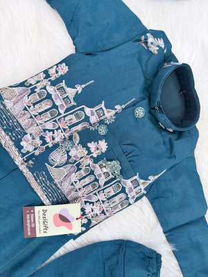 Boys Peacock Blue Kurta Pajama Set with Floral Embroidery Jacket | Dhoti and Pajama | Indian Wedding Festive Ethnic Wear for Kids, B-4059
