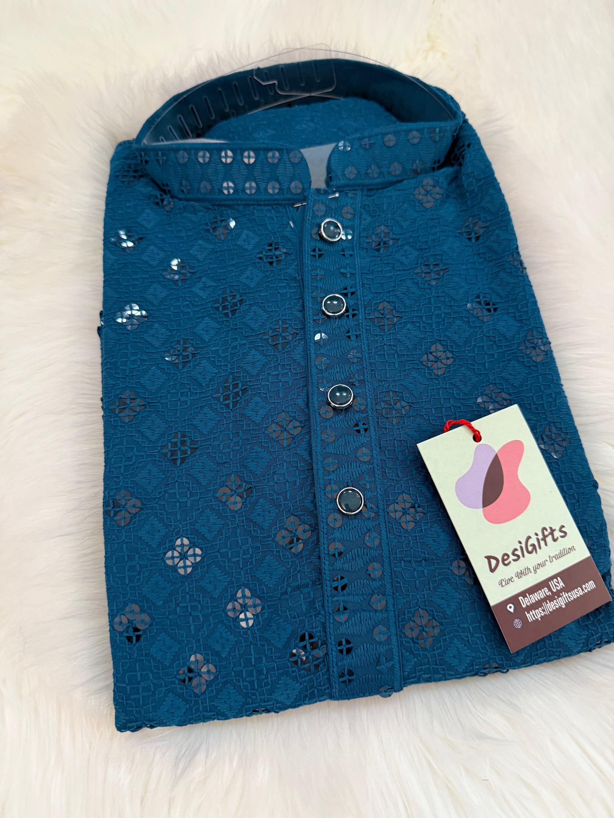 Teal Shade Chikankari Shirt-Style Short Kurta with Sequins – Ethnic Casual Kurta, SK - 1934