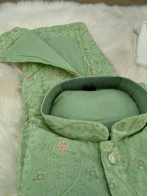 Pre-Teen and Teen Boy's Chikankari Embroidered Rayon Kurta Pajama with Sequins , Green Shade, - BOY-2001