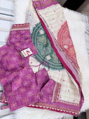 Linen Silk Blend Saree with Bandhani Style Print & Embellished Border, Indian Wedding Festive Saree with Stitched Blouse, S- 3093