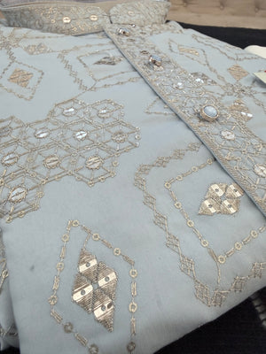 Men’s Ice Blue Embroidered Kurta Pajama Set | Silver Zari-Style, Sequin Work | Indian Wedding Wear, KP-4026