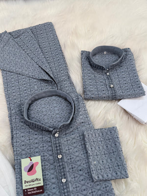 Gray Chikankari Rayon with Sequins 2 Piece Kurta Pajama Set, Father or Son's Outfit, DM -1981