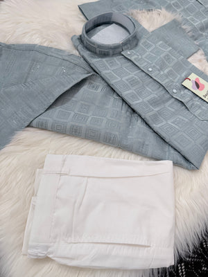 Father & Son Matching option in Dusty Ice Blue Kurta Pajama Set | Geometric Jacquard Kurta with Pants | Indian Wedding & Festive Wear, DM-4029