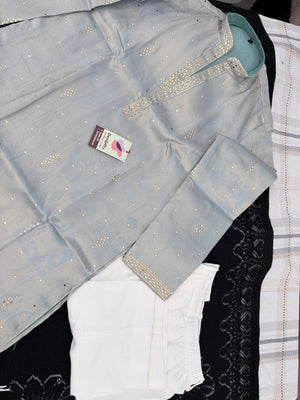 Men’s Ice Blue Shorter Kurta with Parallel Pants | Gold Embellished Jacquard Kurta Pajama Set | Indo-Western Wedding & Festive Kurta Set, KP - 4044