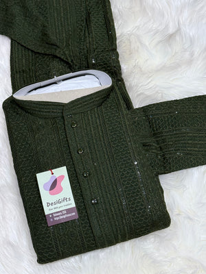 Exquisite Chikankari Sequins 2 Piece Kurta Pajama Set for Man, Dark Green Shade, Embroidered Party Man's Wear, KP - 1939