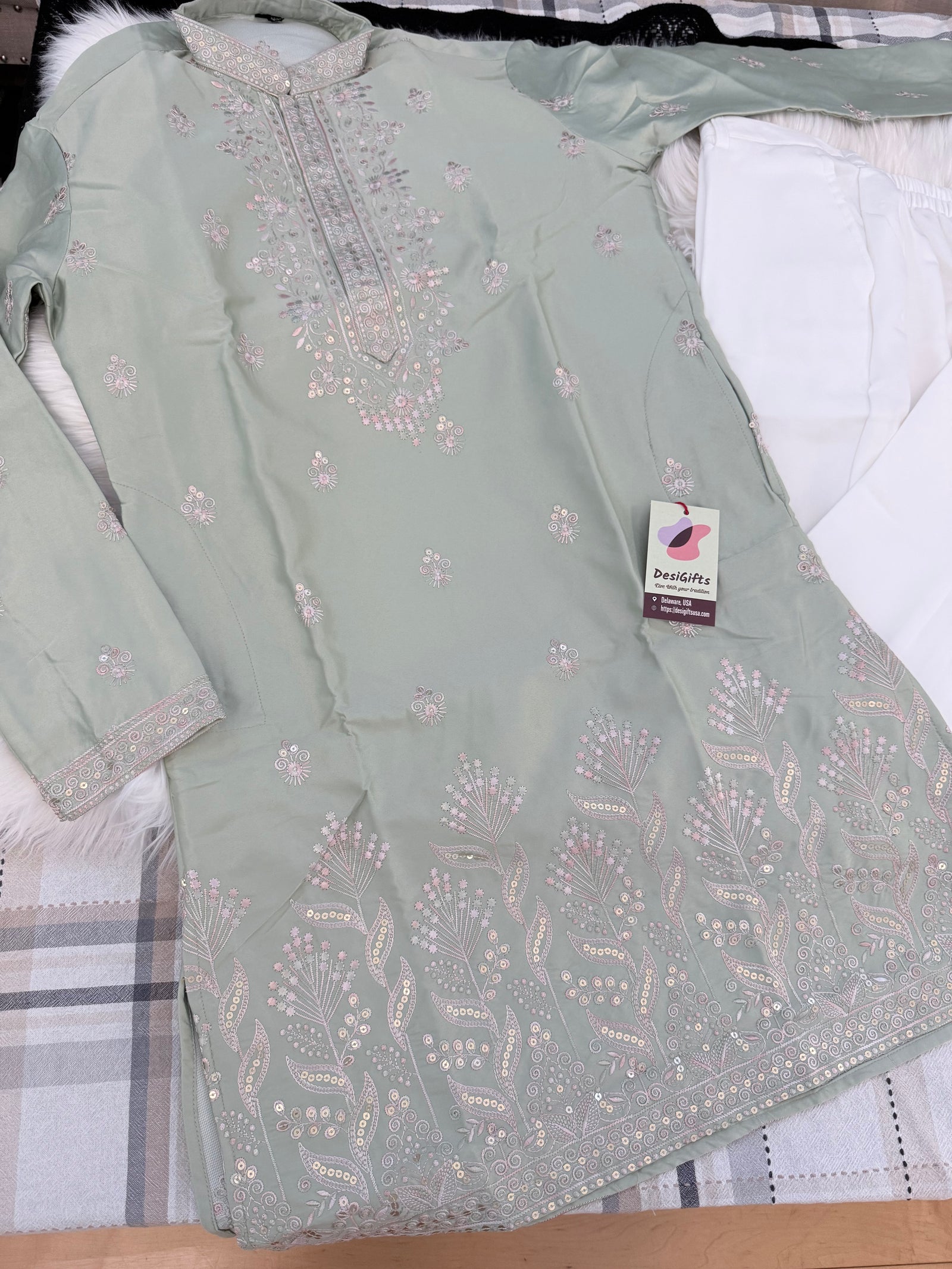 Men’s Sage Green Shorter Kurta with Parallel Pants | Floral Embroidery Kurta Pajama Set | Indo-Western Wedding & Festive Kurta Set, KP - 4064