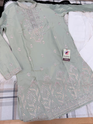 Men’s Sage Green Shorter Kurta with Parallel Pants | Floral Embroidery Kurta Pajama Set | Indo-Western Wedding & Festive Kurta Set, KP - 4064