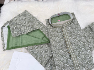 Men's Sage Green Printed Kurta Pajama Set | Designer Indian Ethnic Wear with Mandarin Collar | Wedding, Diwali & Festive Outfit, KP-4090