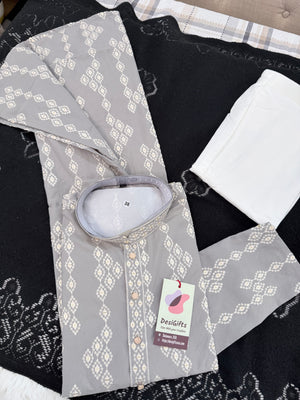 Men’s Ash Gray Embroidered Kurta Pajama Set with Sequins Work, Indian Ethnic Wear for Wedding & Festival, KPS-3010