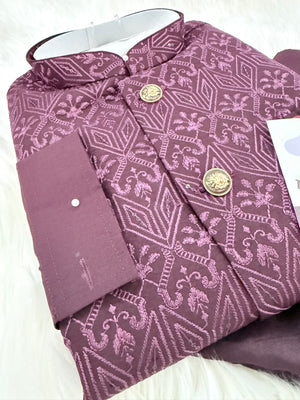 Men’s Wine 3-Piece Kurta Pajama Set with Pant Style Bottom & Embroidered Jacket, Silk Ethnic Wear, TPKP-2030